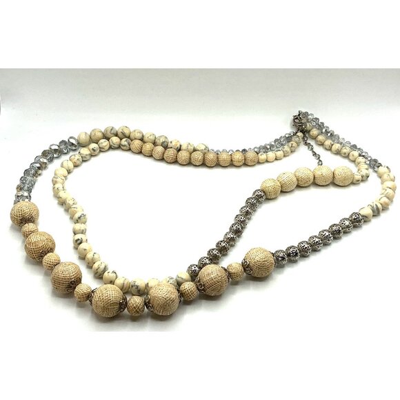 Layered Mixed Bead Necklace With Beige and Silver Tones Adjustable Clasp - Picture 4 of 8
